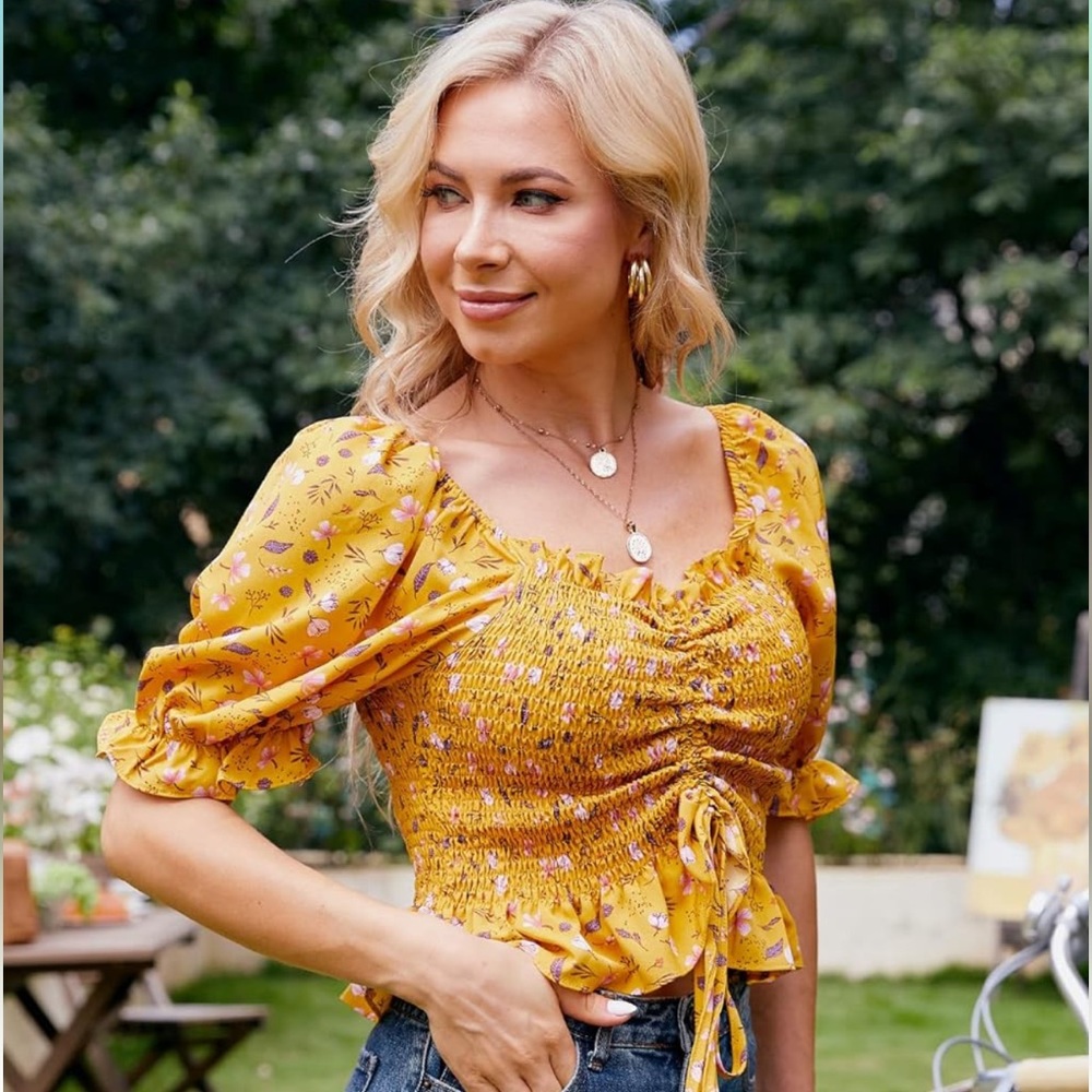 Yellow Floral Drawstring Ruched Crop Tops Puff short sleeve, size large